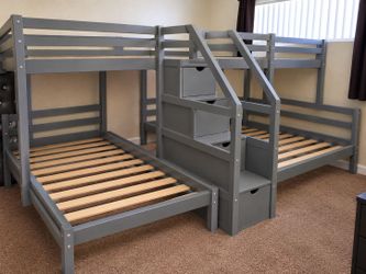 Gray Wood Triple Bunk Bed with Storage Stairs