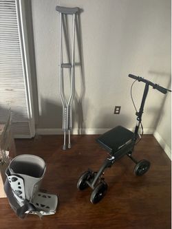 Knee Rollator, Large Boot, and Crutches