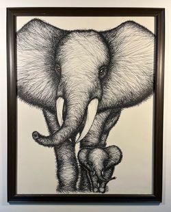 1972 Vintage Framed and Signed Elephant Family Print by Rabindra Danks 22" x 28"