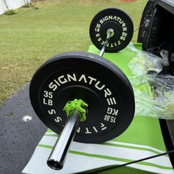 Olympic Barbell 6’, 35 Pound Bumper Plate Weights, And Quick Locking Collars- All New Items