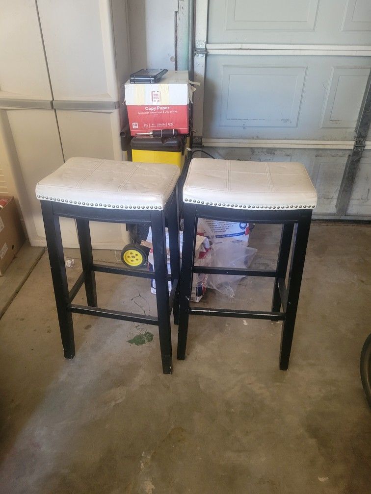 Two White Leather Barstools