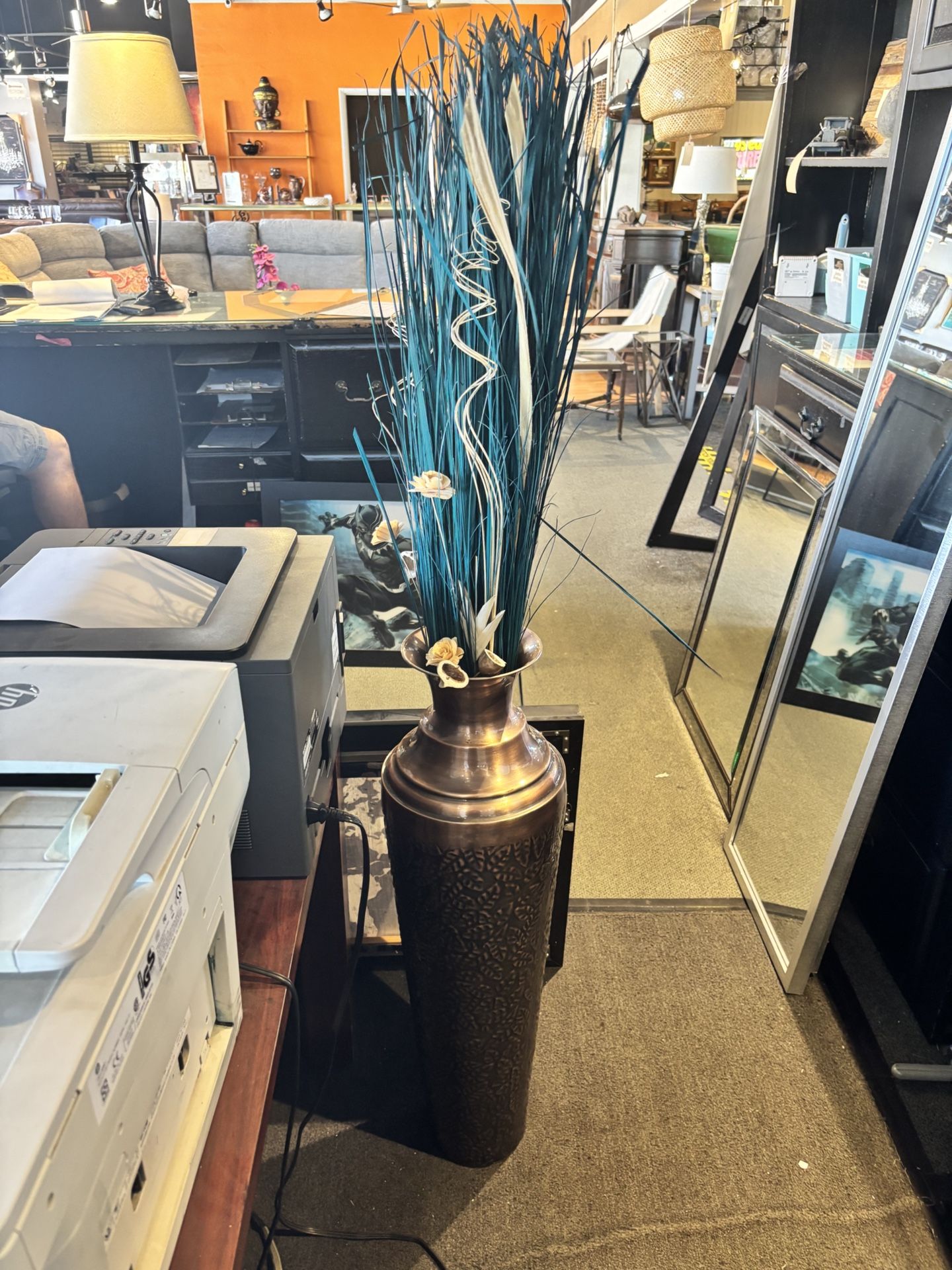 Tall Dark Copper Vase W/ Faux Florals - SKU: WCQZTS