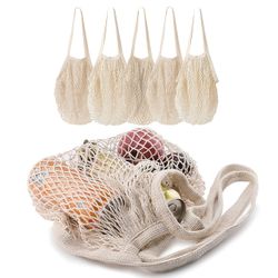MERCURHOUSE 5 Pack Cotton String Shopping Bags Reusable Washable Grocery Mesh Bags Organizer For Grocery Shopping Produce Net Bags With Longhandle For