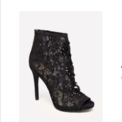 New Bebe Lace Ankle Boots, beaded Crochet, High Heel, Peep Toe, Black Size 8