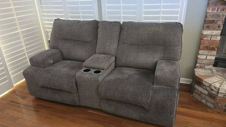 Blue/Gray matching pair of Electric Reclining Love Seats