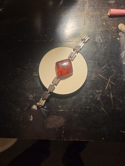 Vintage Sterling Silver Baltic Amber Panel Link Bracelet 7.25" Oxidized Art Deco