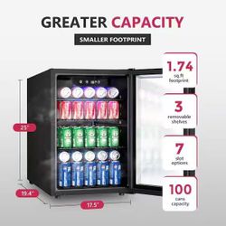 18 in. Single Zone 100-Cans Freestanding/Countertop Refrigerator Beverage Cooler Fridge in Black, with Auto LED