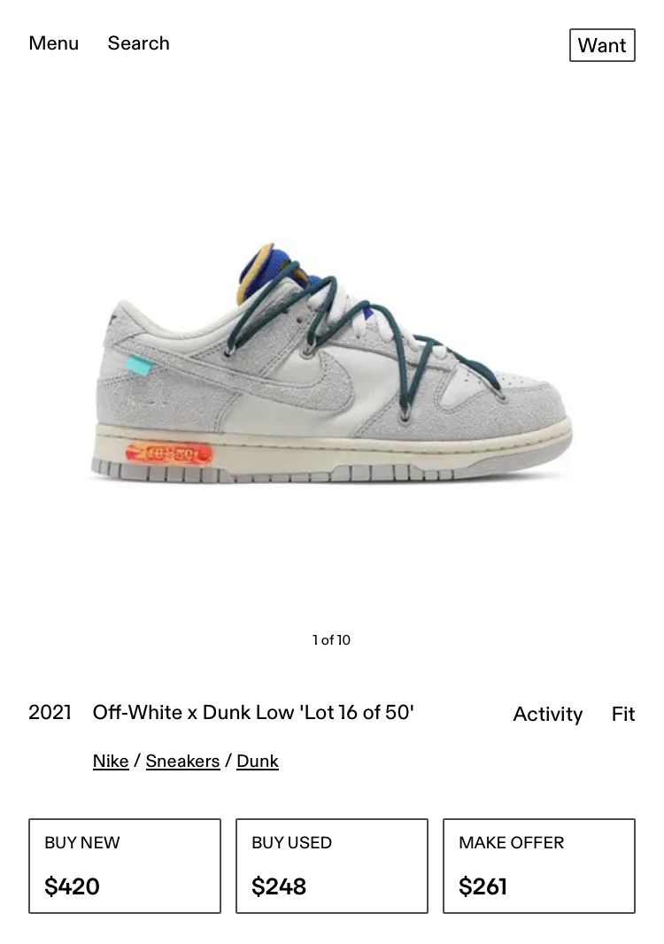 2021 Off-White x Dunk Low 'Lot 16 of 50' Nike / Sneakers / Dunk Activity Fit