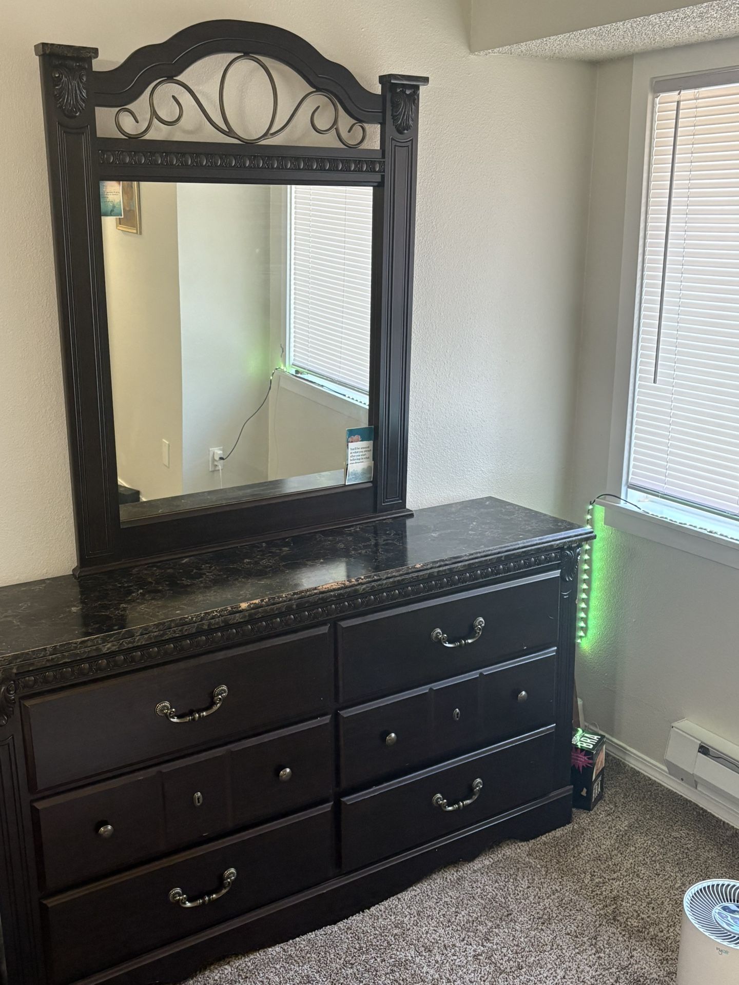 Dark brown dresser with mirror and night stand set