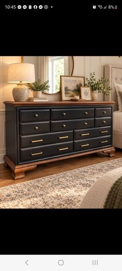 Elegant 10-Drawer Dresser – Black, Walnut & Antique Brass