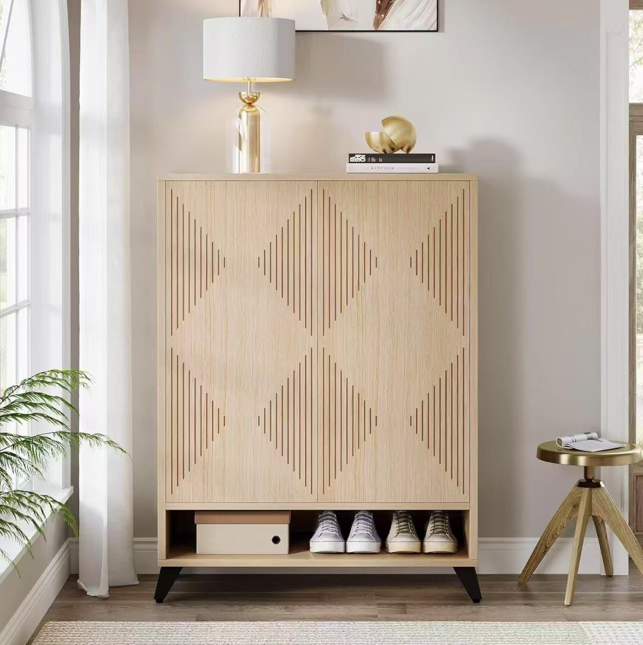 NY228 assembled Shoe Cabinet with Doors, 6-Tier Entryway Shoe Storage Cabinet with Adjustable Shelves, Modern Wooden Shoe Organizer Cabinet for Living