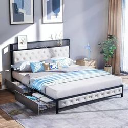 Full Bed Frame with 4 Storage Drawers, Charging Station and LED Lights, Upholstered Headboard with Storage Shelves, Heavy Duty Metal Slats, Noise Free