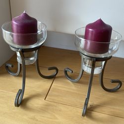 2 Pewter Candle Holders w/ Glass Cups and Candles.