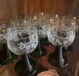 Set of eight Vintage, German Wine Glasses engraved with grapes and leaves.