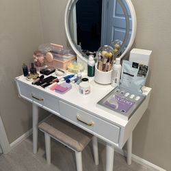 White Vanity Set with Mirror and Stool