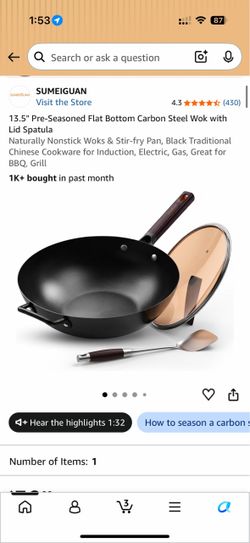 13.5" Pre-Seasoned Flat Bottom Carbon Steel Wok with Lid Spatula Naturally Nonstick Woks & Stir-fry Pan, Black Traditional Chinese Cookware for Induct