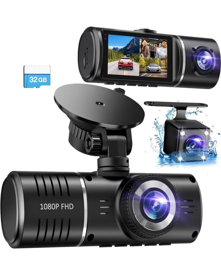 3 Channel Car Camera Front Rear and Inside with 32GB Card, Loop Recording, Night Vision, HDR, G-Sensor