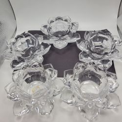 Set Of 5 Mikasa Clear Glass Lotus Flower Votives Candle Holders 2.5"x5"
