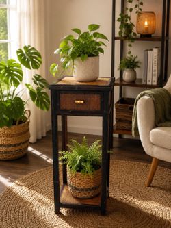 ANTIQUE VINTAGE BAMBOO / PLANT STAND / SIDE TABLE WITH A DRAWER / IN GOOD CONDITION