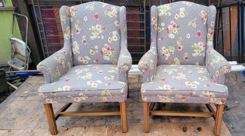 Pair Vintage Floral Armchairs Wing Chair