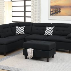 Black Linen Sectional & Ottoman