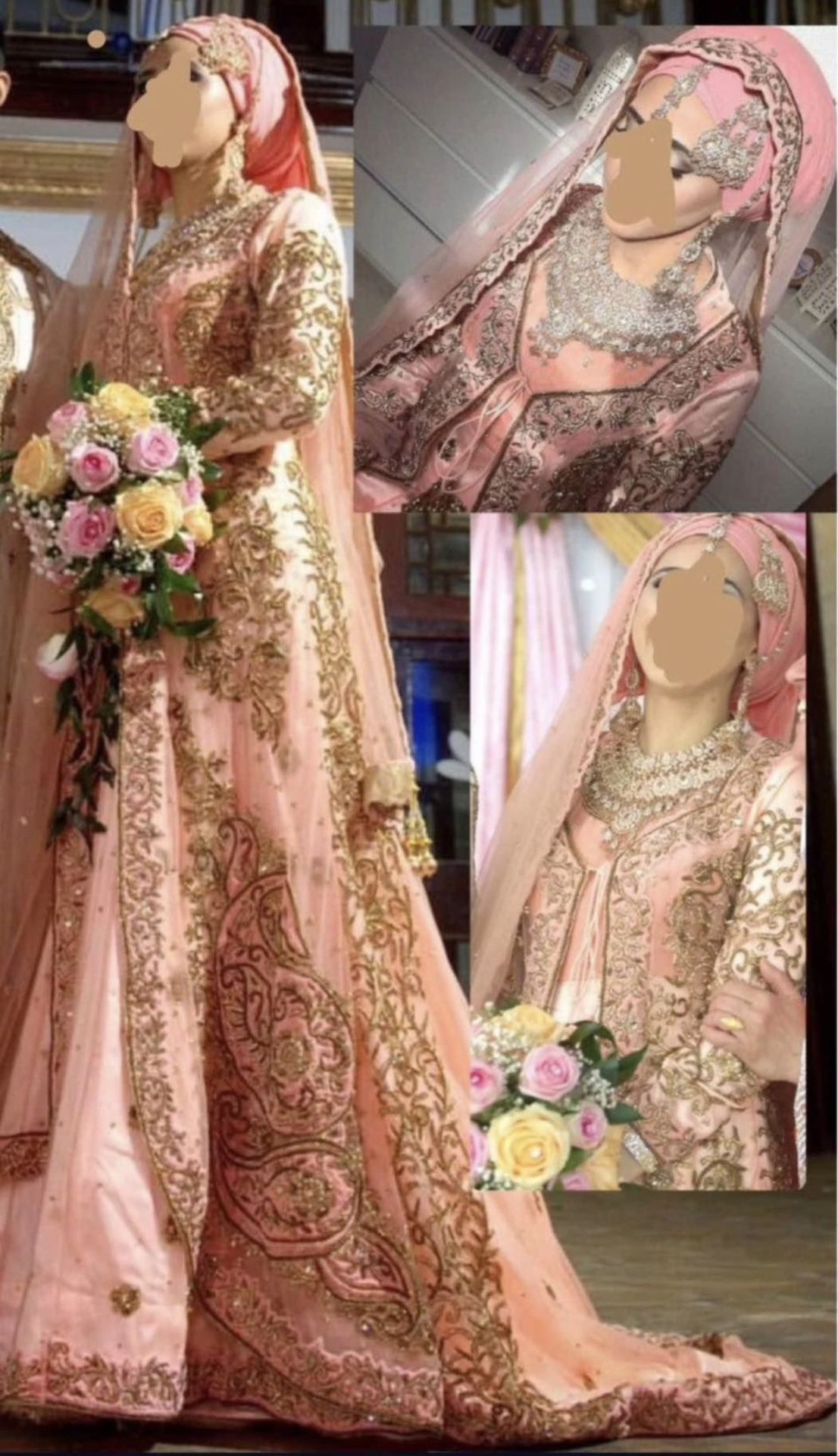 Pink Peach Gold Embroidery Crystals Wedding Engagement Henna Dress With Veil