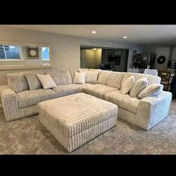 Light Beige 3-Piece Sectional Couch with Ottoman