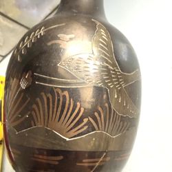 Vintage Solid Brass Vase Etched Flying Crane Bird Floral Foliage Design Approx 9" Tall x 4” - Not Polished  Solid Brass made in India 