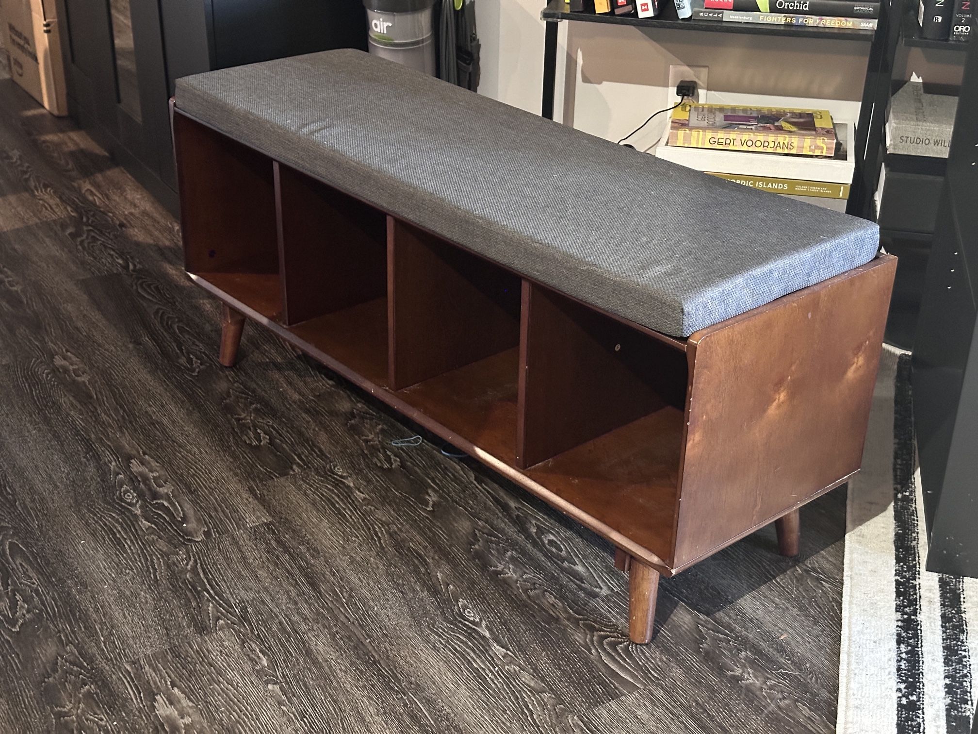 Walnut Entryway Storage Bench w/ Cushion β Mid-Century Style