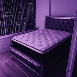 Queen size bed frame with box spring and mattress OBO