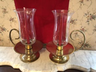 LOVELY PAIR OF BRASS 13” HURRICANE CANDLE HOLDERS MANTLE DECOR