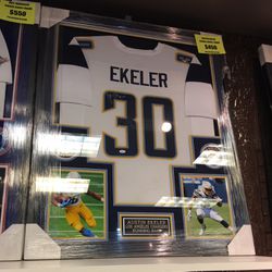 Austin Eckler Autographed Chargers Jersey. Framed