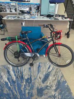 Black City Bike with Red Fenders and Front Basket