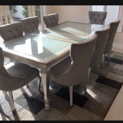 Final Sale ‼️ Metallic Silver Extensio Rectanglar Dinin Table Ad Fabric Chairs✅ Band New💯