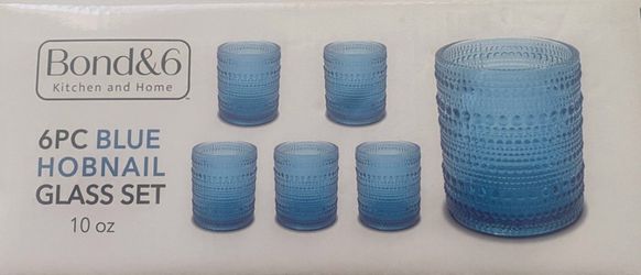 Bond & 6 Blue Hobnail Glass Set