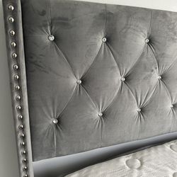 Queen Gray Tufted Headboard W/Mattress MUST PICK UP