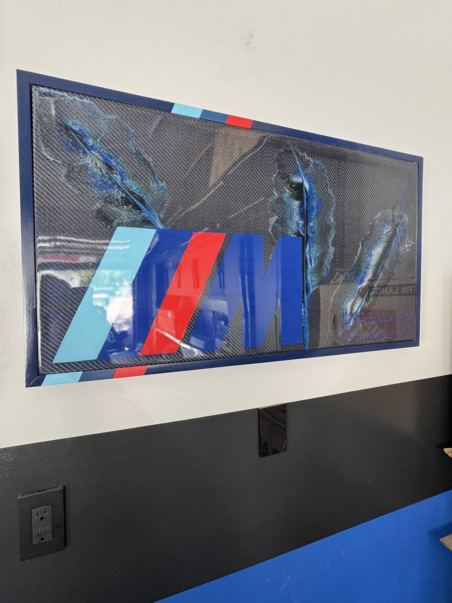 BLUE BMW M LOGO ON REAL METALLIC BLUE CARBON FIBER FRAMED CUSTOM ART WORK