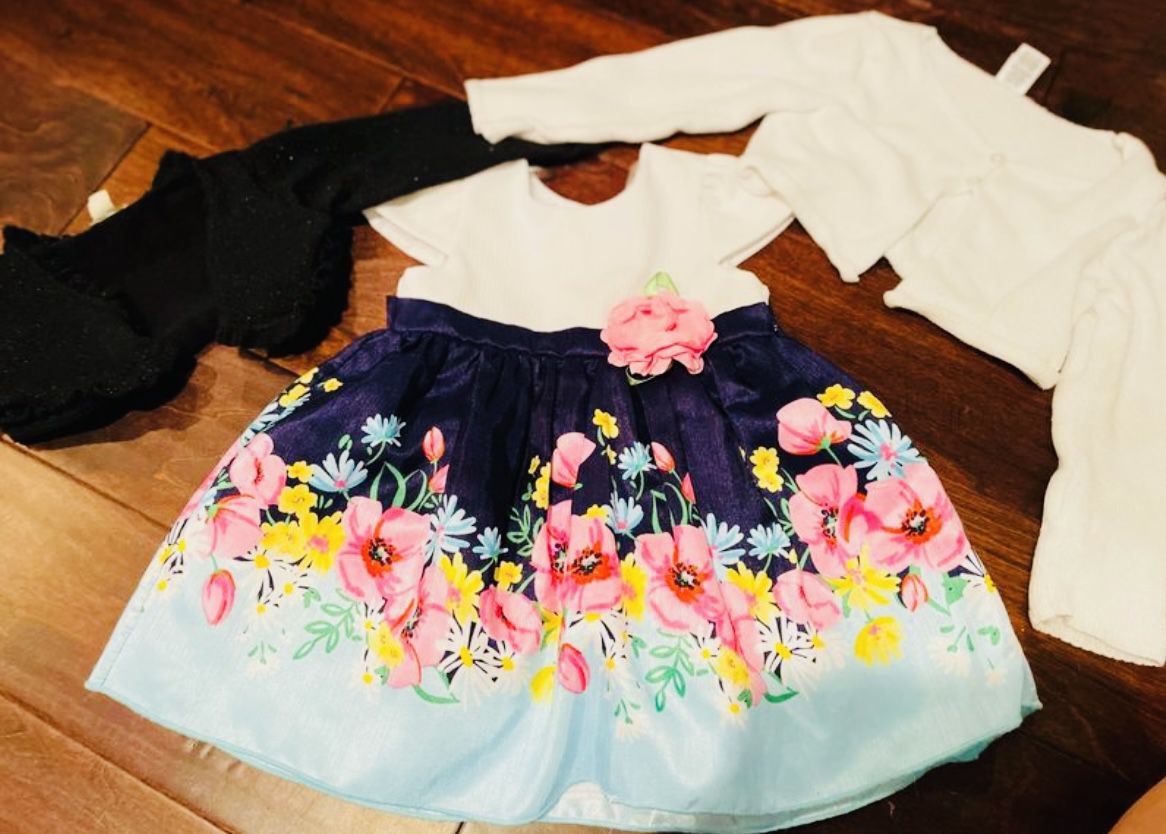 24M Floral Blue, White, & Pink Dress & 2 Cover Ups (Black & White); Dress is White, Navy, Light Blue, Pink, & Yellow with Flower on Waist