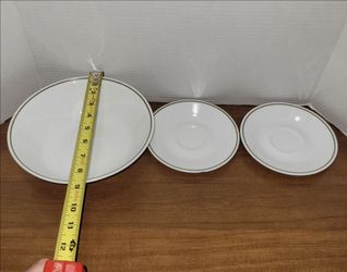 Corelle Serving Bowl sage green rim & 2 saucers