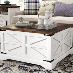 oneinmil Farmhouse Coffee Table with Storage Organizer, Square Coffee Tables with Large Storage Space, Center Table for Living Room, Bedroom, Home Off