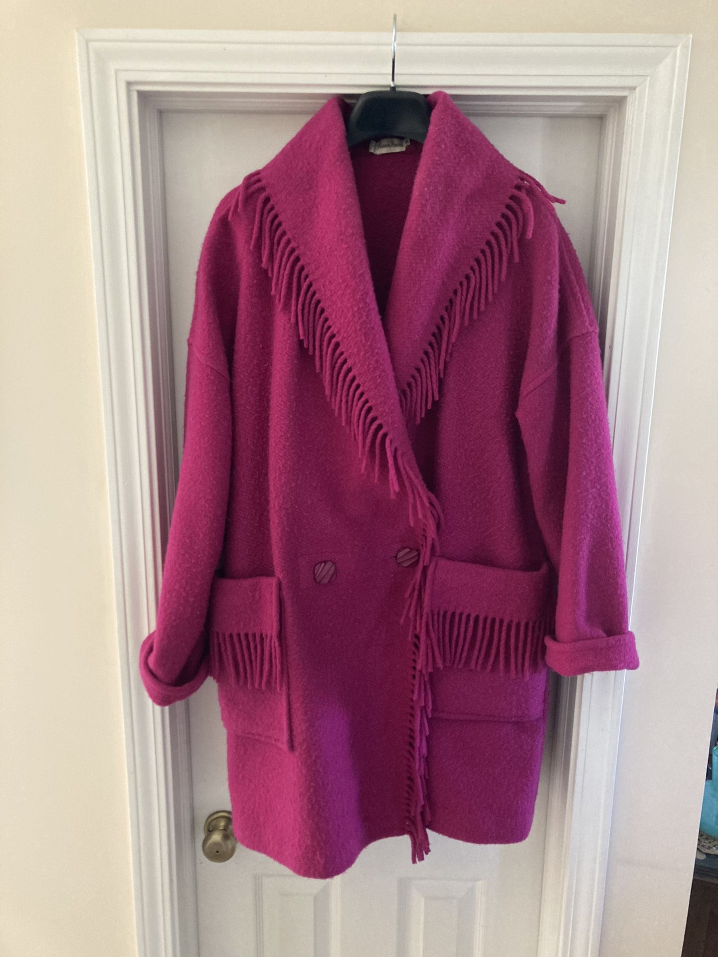 Rare Vintage Neiman Marcus Fringed Women Coat, Magenta, 100% wool