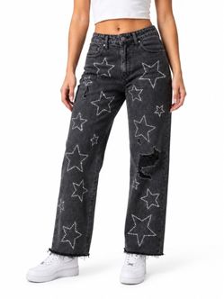 Womenās Gray Distressed Wide-Leg Jeans with Star Studs, 25ā & 28ā