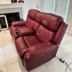 Red/Maroon Leather Double Recliner Couch - furniture