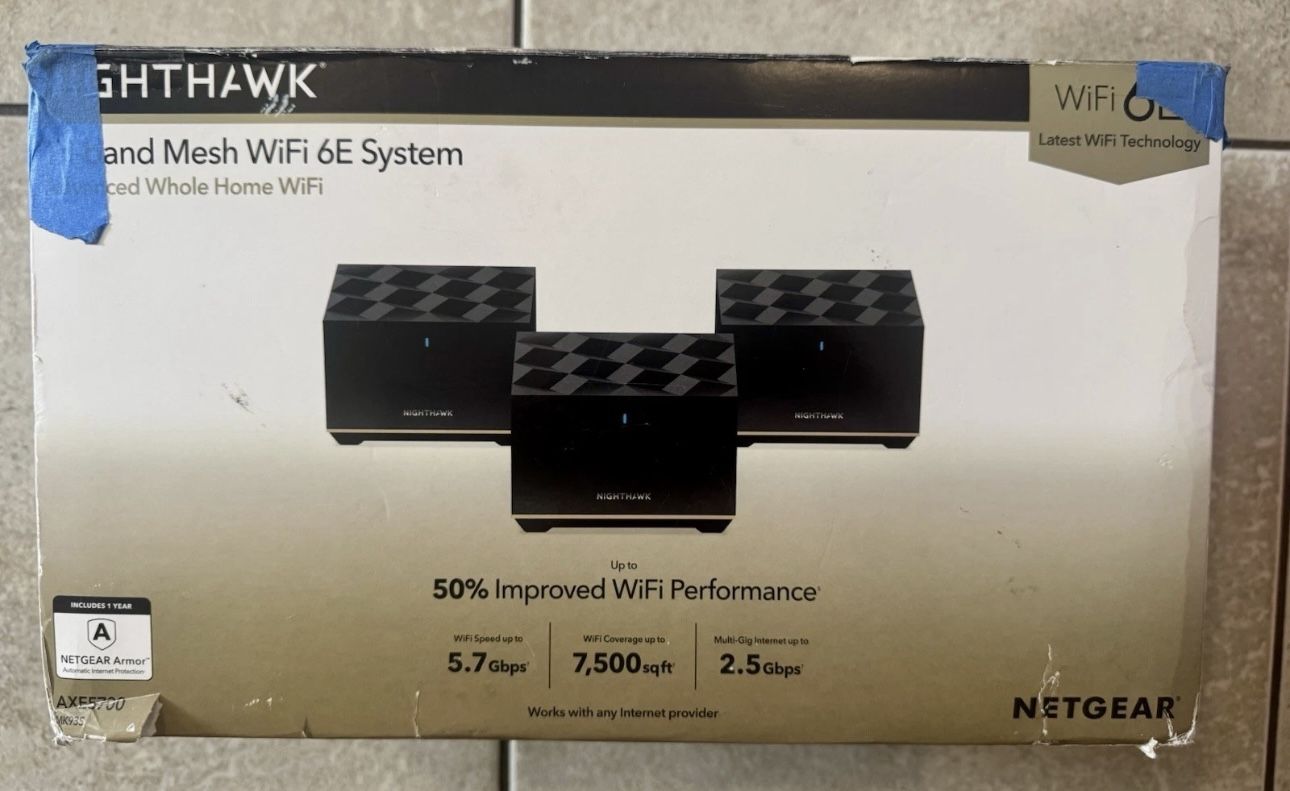 NETGEAR Nighthawk Tri-Band Whole Home Mesh WiFi 6E System (MK93S) – Router + 2 Satellite Extenders - 5.7Gbps Speed - Coverage up to 7,500 sq. ft., 100