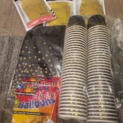 Black & Gold Party Decor Bundle – Dessert Cups, Fringe Curtains & Tablecloth – $20