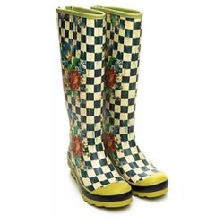 Excellent NIB Mackenzie Childs WOMENS Courtly Check Rain Boots Wellies Sz 8