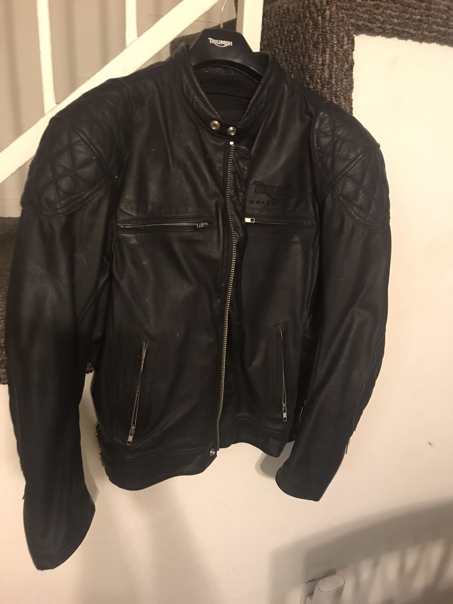 Ace Cafe Triumph leather motorcycle jacket.