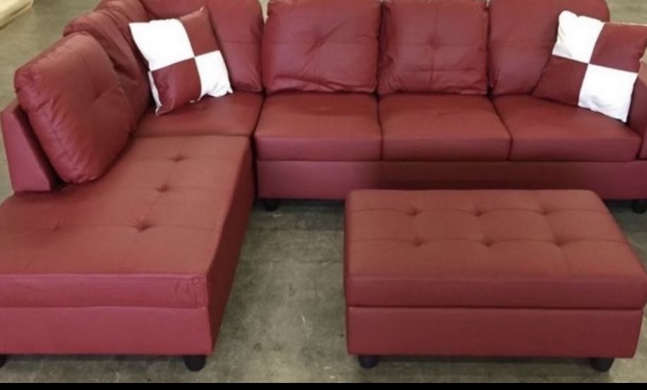 Red Leather Sofa Sectional With Ottoman Storage & Picture Frame