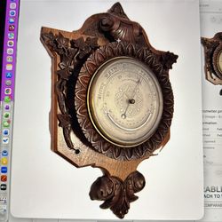 Antique carved wood wall barometer
