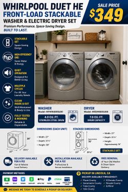 Stackable whirlpool washer with electric dryer set